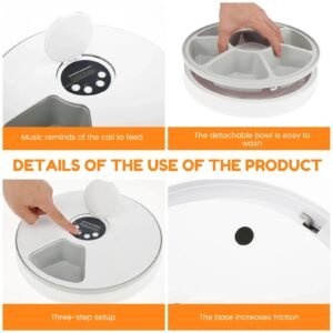 Automatic cat feeder with LCD screen, detachable bowl, and non-slip base, easy setup.