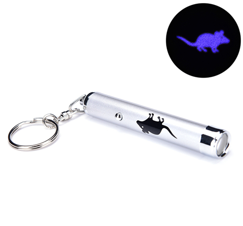 Silver cat toy laser pointer keychain projecting a purple mouse shape