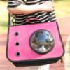 Cat in pink bubble carrier backpack, portable pet travel bag with ventilation holes outdoors