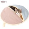 1a33445944fcbdd30d1bc97f9239 Cat resting in cozy, dome-shaped cat bed with beige and blue fabric on white background