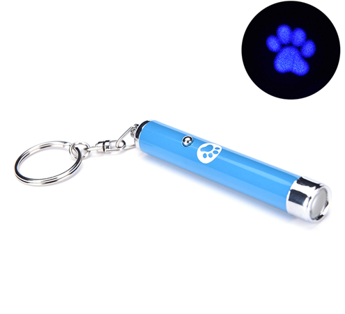 Blue cat laser pointer toy with keychain, projecting a glowing paw print pattern