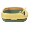 Open green and yellow cat litter box with scoop for cats