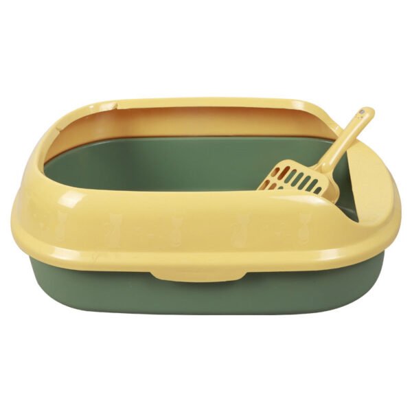 Open green and yellow cat litter box with scoop for cats