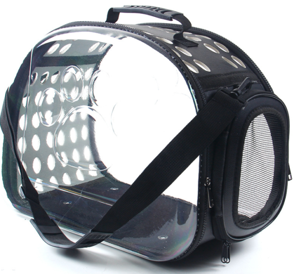 Transparent cat carrier bag with black trim, ventilation holes, and mesh window