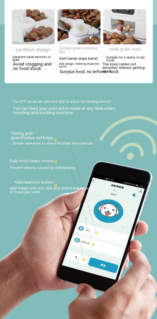 4c3c2867416289aaa3b5013c1ef8 Hand holding phone with pet feeder app, showing smart cat food dispenser design features