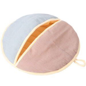 Round pastel cat bed cave with blue and pink panels and soft yellow trim