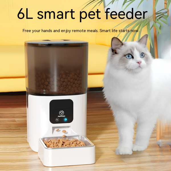 5276c14b4fa49776674b75f860d9 Smart 6L pet feeder with dry cat food and a fluffy white cat in a modern living room