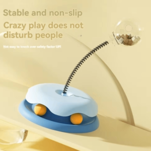 Interactive cat toy with spring wand, treat dispenser, and rolling balls on a blue base