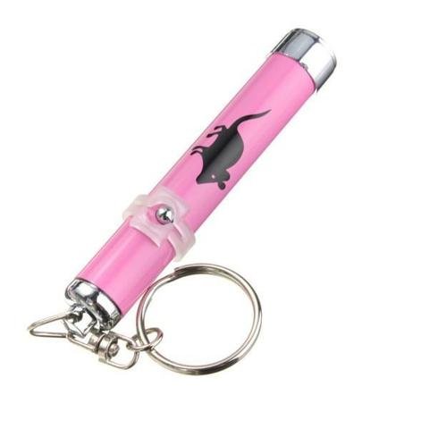 Pink cat laser toy pointer with black mouse graphic and keychain attachment