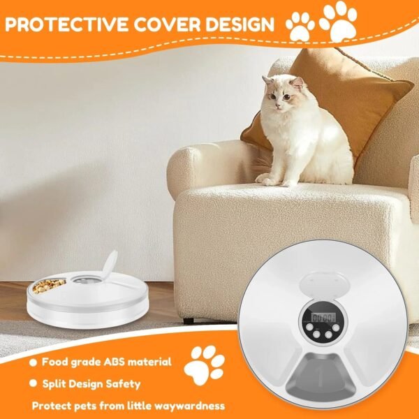 63646cf3a3296496e569a77915903a97 Automated cat feeder with protective cover on carpet, white cat on sofa, modern pet accessory