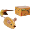 Electric plush mouse cat toy with feather tail beside product box for interactive play