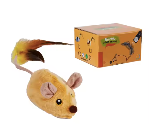 Electric plush mouse cat toy with feather tail beside product box for interactive play