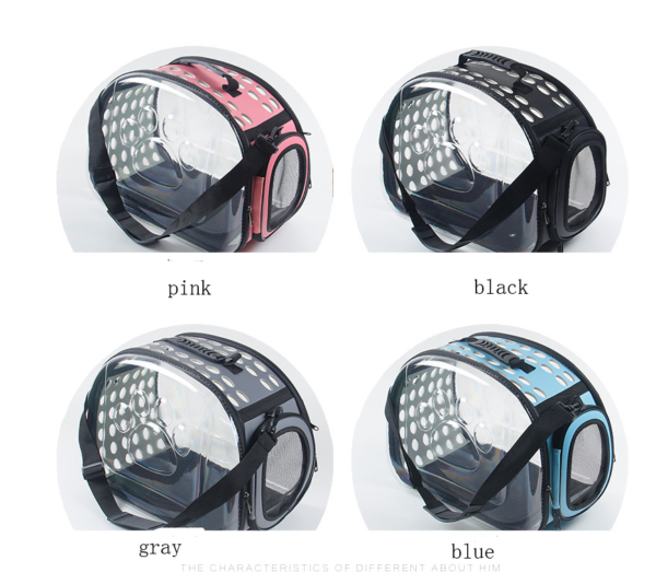 Cat carrier bags in pink, black, gray, and blue with clear panels and ventilation holes.