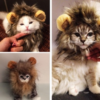 Cats wearing lion mane costume hats with plush ears, cute pet accessory for playful cats