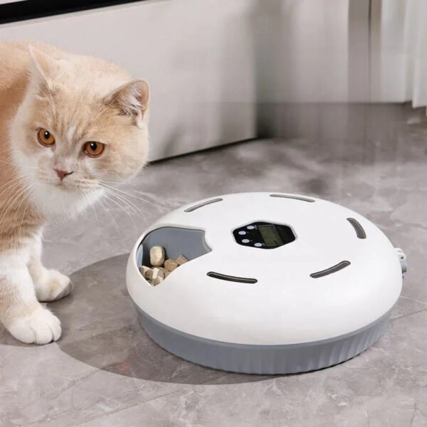 86b7466b55400a18adb1f7e428755c6a Cream-colored cat beside an automatic cat feeder on a gray tiled floor