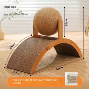 Large size cat scratcher with arch design and sisal ball, durable for cats, with product dimensions shown.