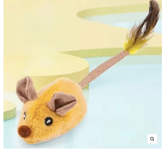 Plush mouse cat toy with feather tail on pastel background, designed for playful cats.
