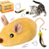 Interactive plush mouse cat toy with feather tail, kitten playing, USB cable, and box