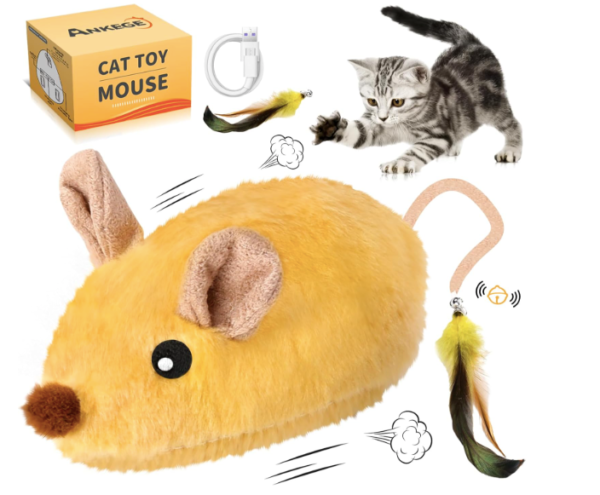 Interactive plush mouse cat toy with feather tail, kitten playing, USB cable, and box