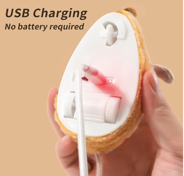 USB rechargeable cat toy mouse held in hand, no batteries required, charging via cable