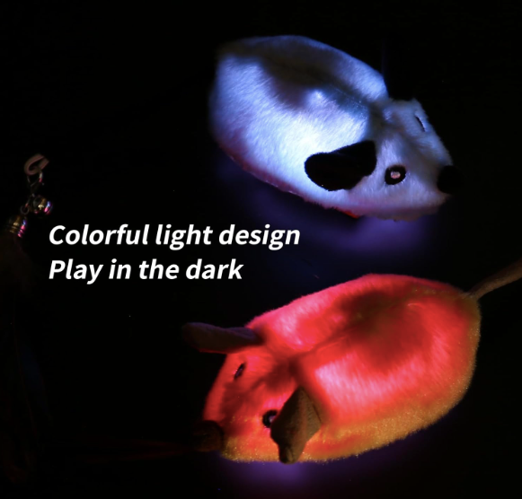 Two light-up plush mouse cat toys glowing in the dark with colorful LED lights.