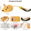 Yellow plush mouse cat toy with feathers, USB charge, antiskid tyres, and washable design.