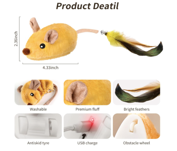 Yellow plush mouse cat toy with feathers, USB charge, antiskid tyres, and washable design.