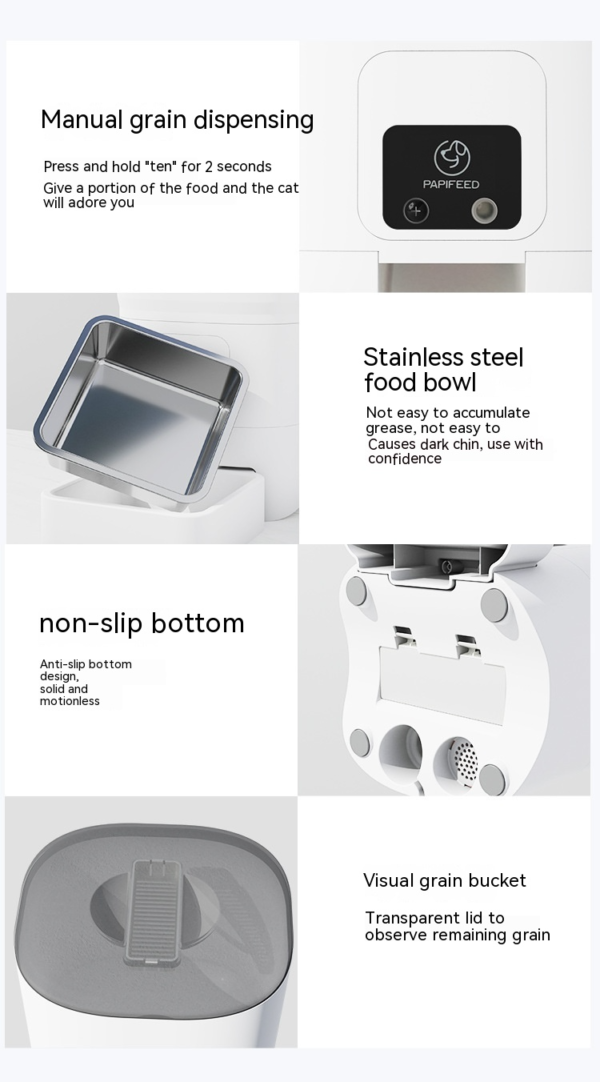 a13c0fb6495696d36fccc96a059c Automatic cat feeder with manual grain dispensation, stainless steel bowl, non-slip base, and clear lid.