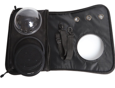 Black cat carrier backpack parts with clear bubble window and ventilation panel