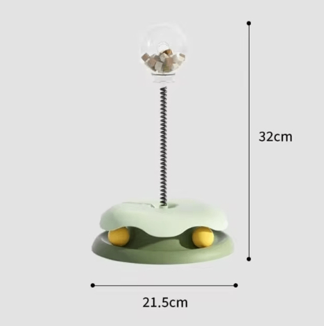 Interactive cat toy with spring, treat dispenser, and rolling balls, 32cm tall, 21.5cm wide