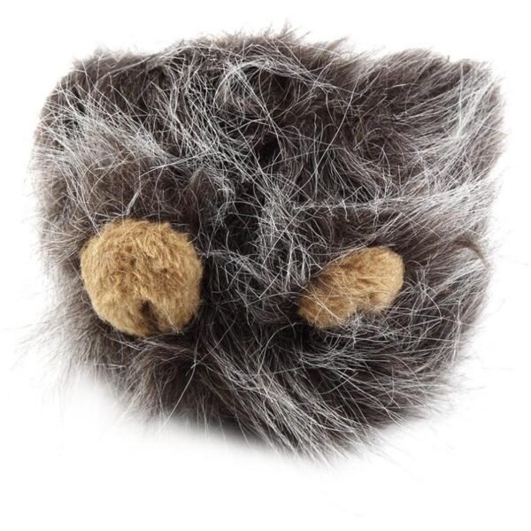 Plush cat toy ball with fluffy brown and grey faux fur and two small ears