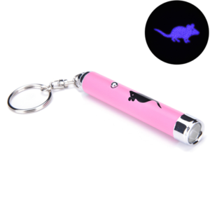 Pink cat laser toy keychain with mouse projection and silver accents