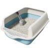 Open cat litter box with high sides, scoop, and clumping litter, blue and white design