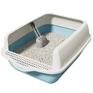 Open cat litter box with high sides, scoop, and clumping litter, blue and white design