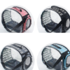 Clear dome cat carrier bags in pink, black, grey, and blue with ventilation holes