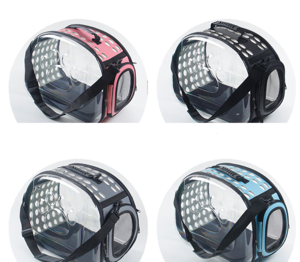 Clear dome cat carrier bags in pink, black, grey, and blue with ventilation holes