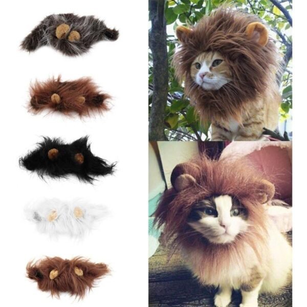 Cats wearing furry lion mane costumes in various colors, novelty cat accessory hats