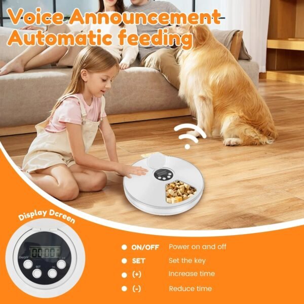 f35a8a25a205f07fbe13957e7c7f38e9 Child using automatic pet feeder with voice announcement for dogs in living room