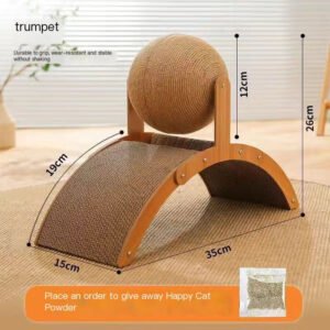 Cat scratching post with arched cardboard base and sisal ball, dimensions labeled, in modern room