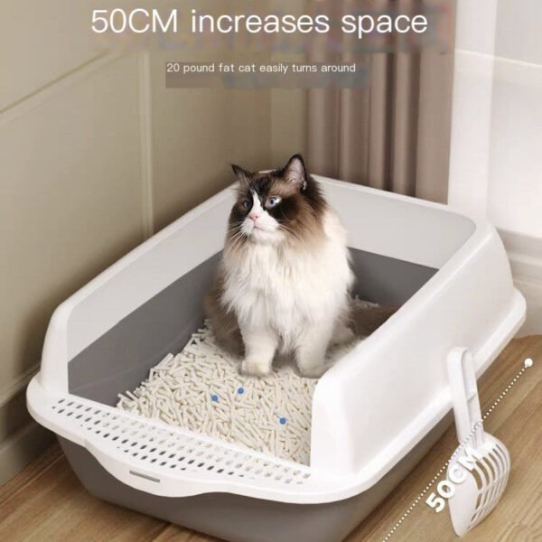 Large fluffy cat sitting in a spacious open litter box with scoop, indoor pet essentials.