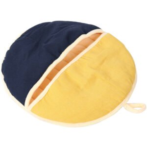 Round yellow and navy blue cat bed with cozy hooded design on a white background