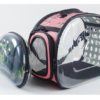 Pink cat carrier with clear paw print window and side ventilation mesh.
