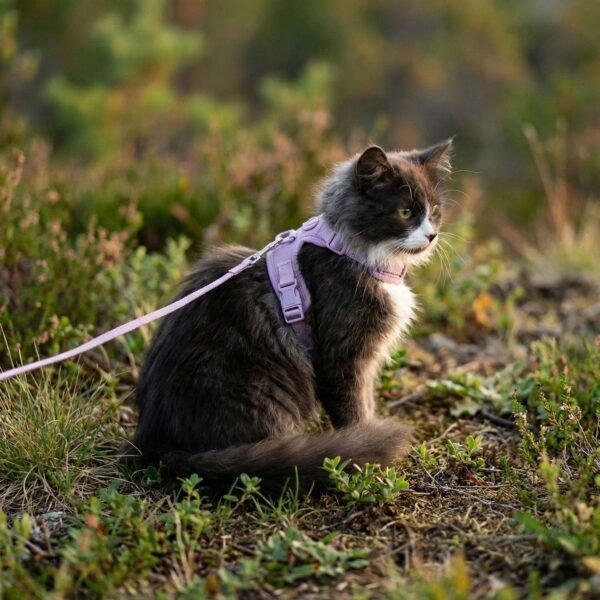 katze-mit-ausbruchsicherem-katzengeschirr-rosa-1 Escape-Proof Cat Harness & Leash Set with AirTag Pocket